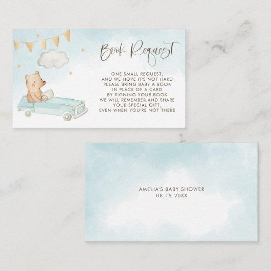 ベビークマ車の中で赤ちゃんシャワー青いブックリクエスト エンクロージャーカード (正面/裏面)