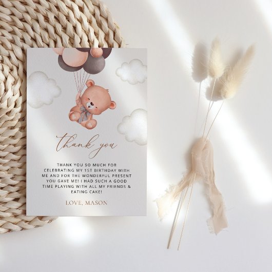 ベビークマ、茶色のバルーン、最初の誕生日 サンキューカード