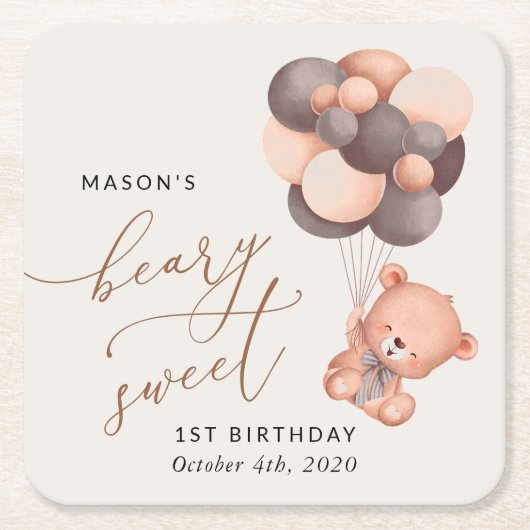 ベビークマ、茶色のバルーン、最初の誕生日 スクエアペーパーコースター (正面)