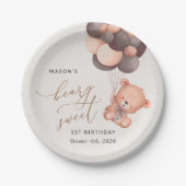 ベビークマ、茶色のバルーン、最初の誕生日 ペーパープレート (正面)