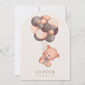 ベビークマ、茶色のバルーン、最初の誕生日 招待状 (裏面)