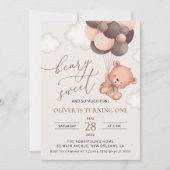 ベビークマ、茶色のバルーン、最初の誕生日 招待状 (正面)