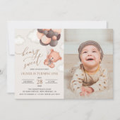 ベビークマ、茶色のバルーン、最初の誕生日 招待状 (正面)