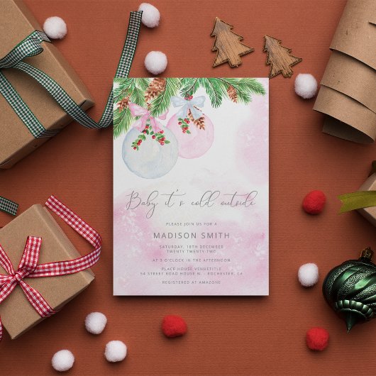 ベビークリスマスの女の子の赤ちゃんシャワー外は寒い 招待状