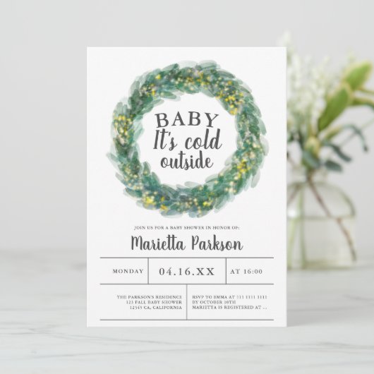 ベビークリスマスの赤ちゃんシャワー外は寒い 招待状 (スタンド正面)
