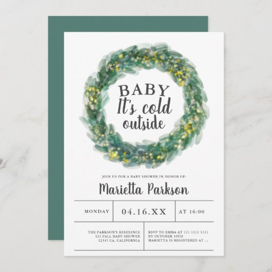 ベビークリスマスの赤ちゃんシャワー外は寒い 招待状 (正面/裏面)