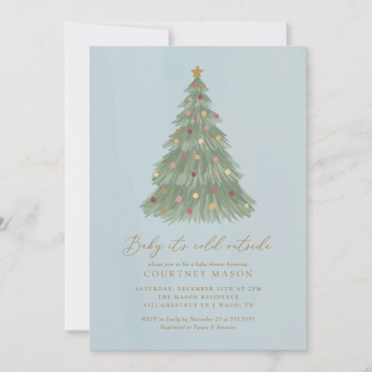 ベビークリスマスツリー外で冷たいベビーシャワー 招待状 (正面)