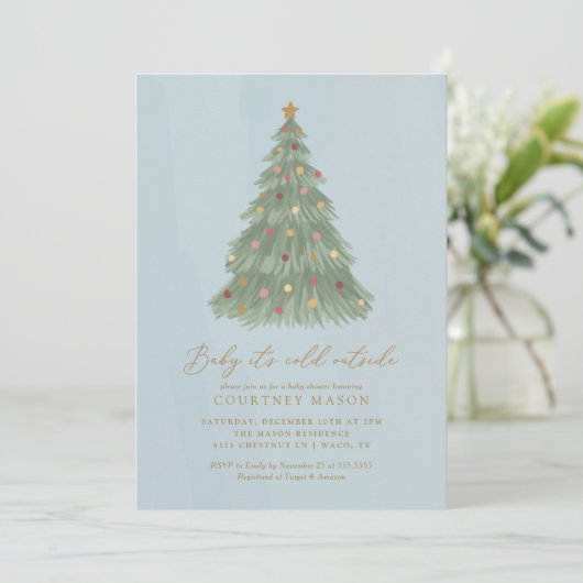 ベビークリスマスツリー外で冷たいベビーシャワー 招待状 (スタンド正面)