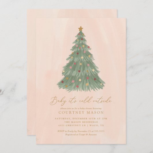 ベビークリスマスツリー外で冷たいベビーシャワー 招待状 (正面/裏面)