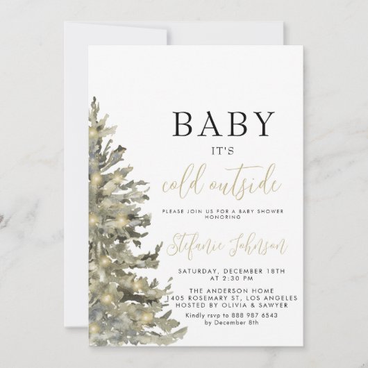ベビークリスマスツリー外で冷たいベビーシャワー 招待状 (正面)