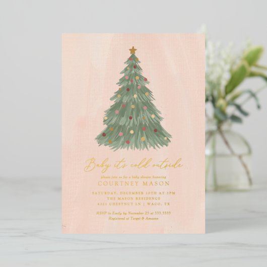 ベビークリスマスツリー外で冷たいベビーシャワー 箔招待状 (立ち正面)