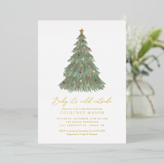ベビークリスマスツリー外で冷たいベビーシャワー 箔招待状 (立ち正面)