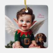 ベビークリスマス小妖精や小人とダシュンドカード セラミックオーナメント (正面)