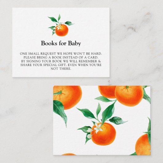 ベビークレメンチンベビーオレンジ色のベビーシャワー用の本 エンクロージャーカード (正面/裏面)