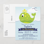 ベビーグリーンホエールキッズバースデーパーティー インビテーションポストカード (正面/裏面)
