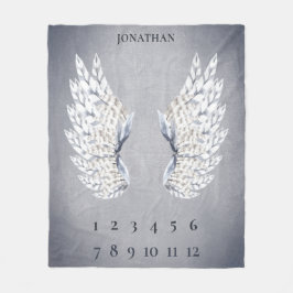 ベビーグレーブルーエンジェルウィングス月間マイルストーン フリースブランケット