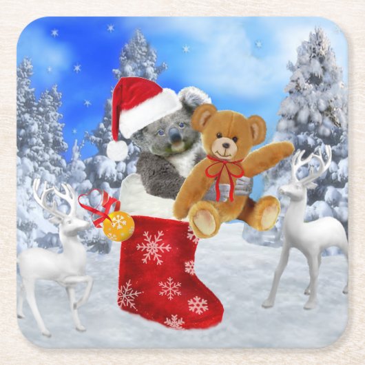 ベビーコアラクリスマスとテディ スクエアペーパーコースター (正面)