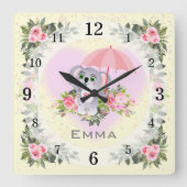 ベビーコアラ |子供部屋 |黄パーソナライズされた色 スクエア壁時計 (正面)