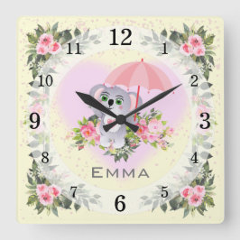 ベビーコアラ |子供部屋 |黄パーソナライズされた色 スクエア壁時計