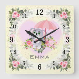 ベビーコアラ  子供部屋  黄パーソナライズされた色 スクエア壁時計