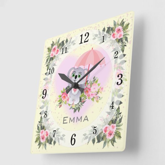 ベビーコアラ |子供部屋 |黄パーソナライズされた色 スクエア壁時計 (傾斜)