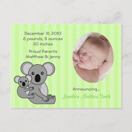 ベビーコアラBear Birth Announcementsはがき 案内ポストカード (正面)