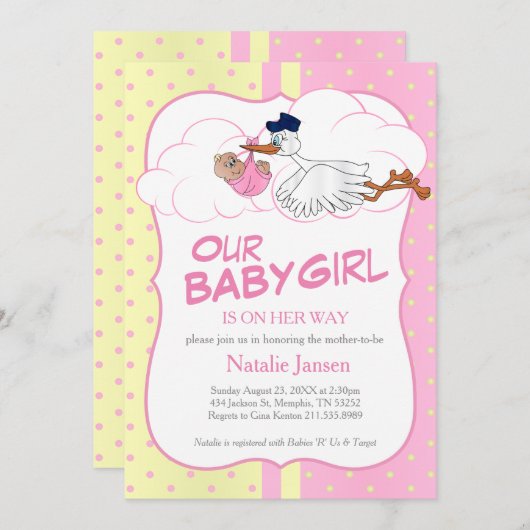 ベビーコウノトリと可愛い幼い娘 招待状 (正面/裏面)