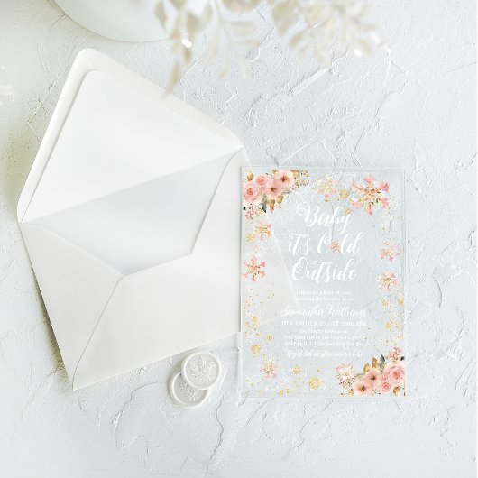 ベビーコールド外ピンク冬の女の子ベビーシャワー アクリル招待状