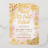 ベビーコールド外ピンク冬の女の子ベビーシャワー 箔招待状 (正面)