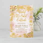 ベビーコールド外ピンク冬の女の子ベビーシャワー 箔招待状 (立ち正面)