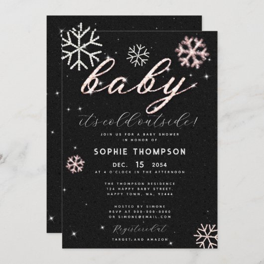 ベビーコールド外部ピンクライン石ガールシャワー 招待状 (正面/裏面)