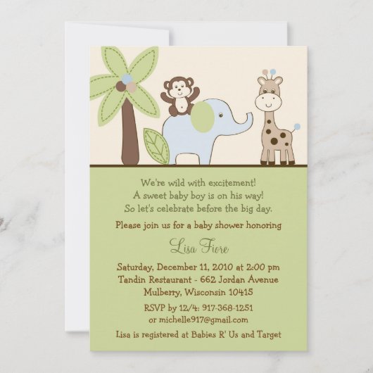 ベビーサファリジャングル動物ベビーシャワー招待状 招待状 (正面)