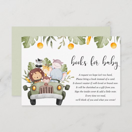 ベビーサファリージャングル動物のベビーシャワー用の本 エンクロージャーカード (正面/裏面)