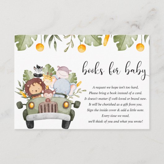 ベビーサファリージャングル動物のベビーシャワー用の本 エンクロージャーカード (正面)