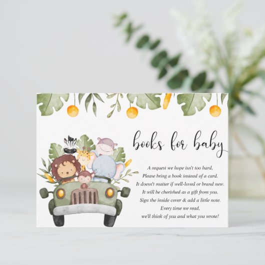 ベビーサファリージャングル動物のベビーシャワー用の本 エンクロージャーカード (スタンド正面)