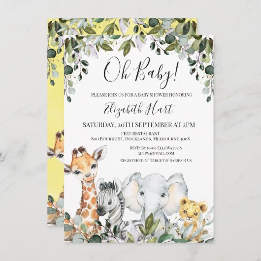 ベビーサファリ動物とライオンのベビーシャワー 招待状 (正面/裏面)