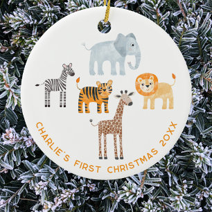 ベビーサファリ動物パーソナライズされた初めてのクリスマス セラミックオーナメント
