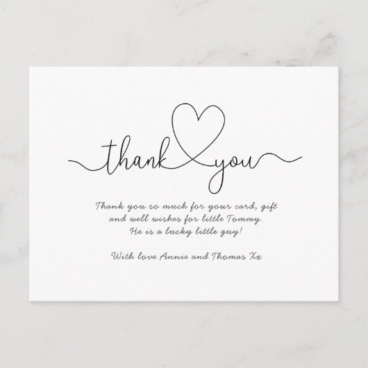 ベビーサンキューカード、スクリプトフォント感謝していユー ポストカード (正面)