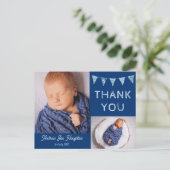 ベビーサンキューカード、青いバンティング ポストカード (スタンド正面)