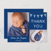 ベビーサンキューカード、青いバンティング ポストカード (正面/裏面)