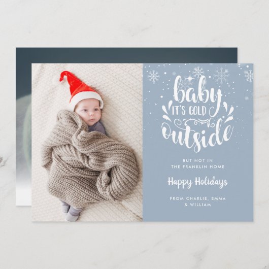 ベビーザコールドアウトアウトアウトサイドブルーフォトホリデー誕生 案内状 (正面/裏面)
