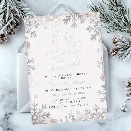 ベビーザコールド赤面スノーフレーク赤ちゃんシャワー 箔招待状