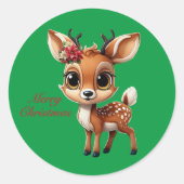 ベビーシカ、子鹿、シカ、トナカイ🦌 🎄グリーンクリスマス ラウンドシール (正面)