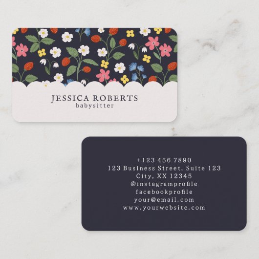 ベビーシッターいちご柄ネイビービジネスカード 名刺 (正面/裏面)