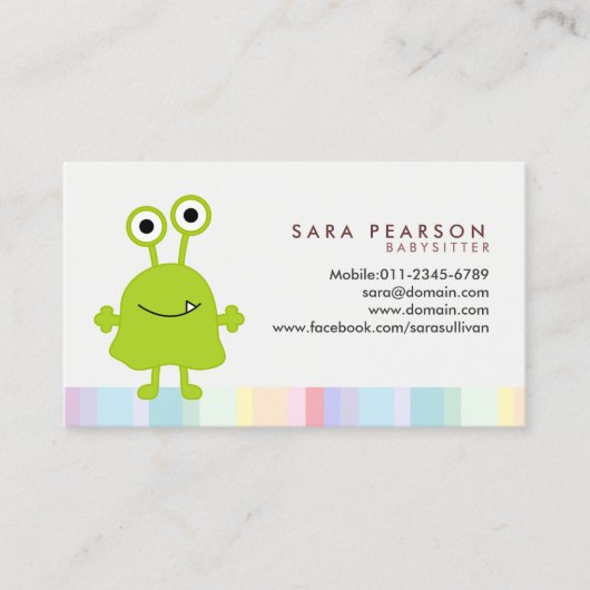 ベビーシッターかわいいグリーンモンスターエイリアン名刺 名刺 (正面)