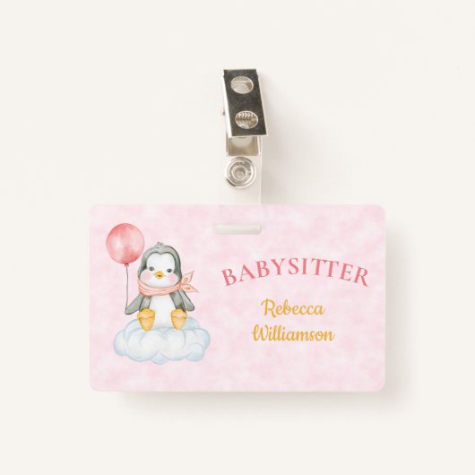 ベビーシッターかわいいペンギン事業名タグ バッジ (正面クリップ)