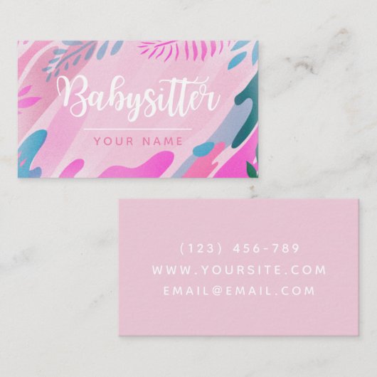 ベビーシッターかわいらし書道モダングリーンリーリーフ 名刺 (正面/裏面)