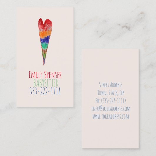 ベビーシッターと気に子描ハートカード 名刺 (正面/裏面)