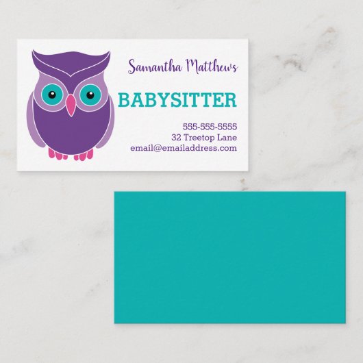 ベビーシッターのかわいい紫色のフクロウの育児の提供者 名刺 (正面/裏面)