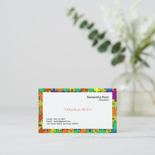 ベビーシッターのカラフルなジグソーパズルは名刺を縁どります 名刺 (スタンド正面)